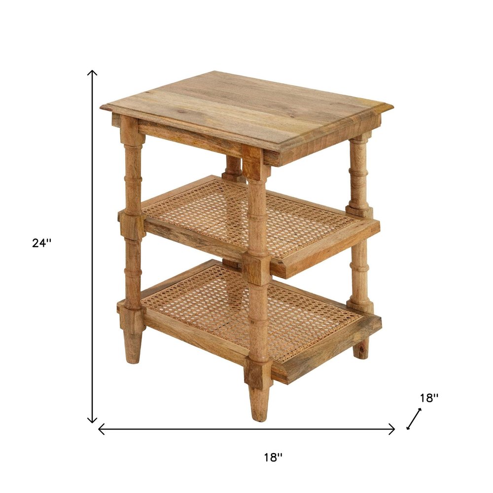 Natural Solid Wood End Table with Two Shelves - 24-inch