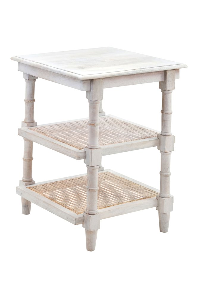 Antiqued White Solid Wood End Table with Two Shelves - 24-inch