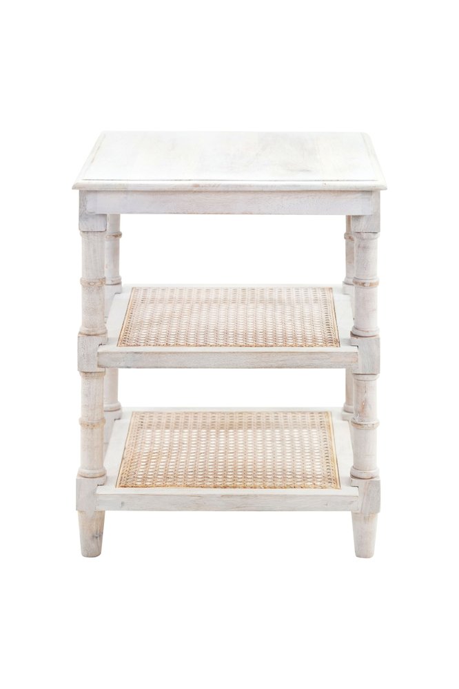 Antiqued White Solid Wood End Table with Two Shelves - 24-inch