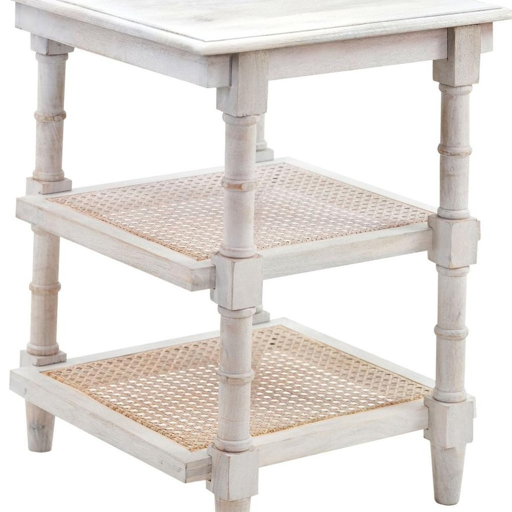 Antiqued White Solid Wood End Table with Two Shelves - 24-inch