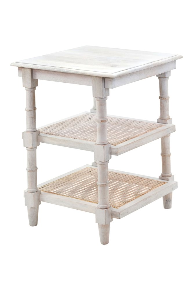 Antiqued White Solid Wood End Table with Two Shelves - 24-inch