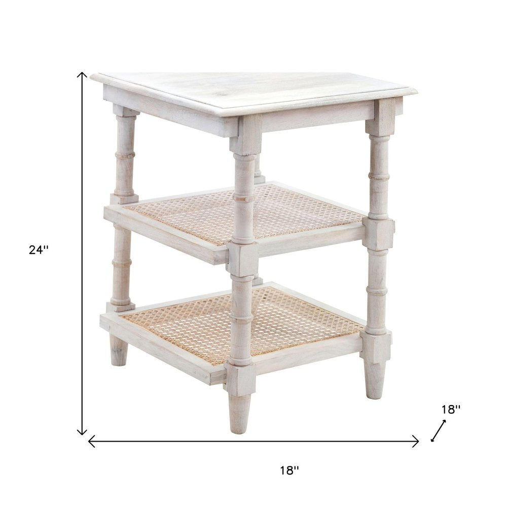 Antiqued White Solid Wood End Table with Two Shelves - 24-inch