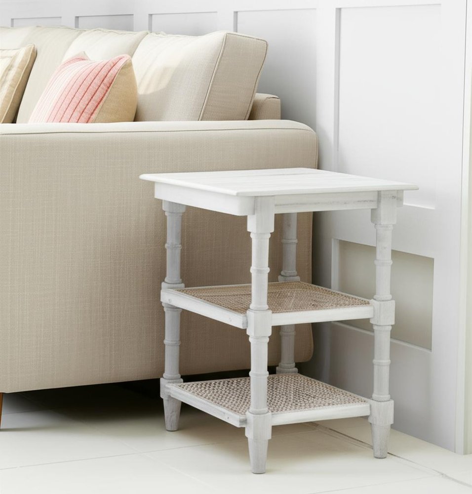 Antiqued White Solid Wood End Table with Two Shelves - 24-inch