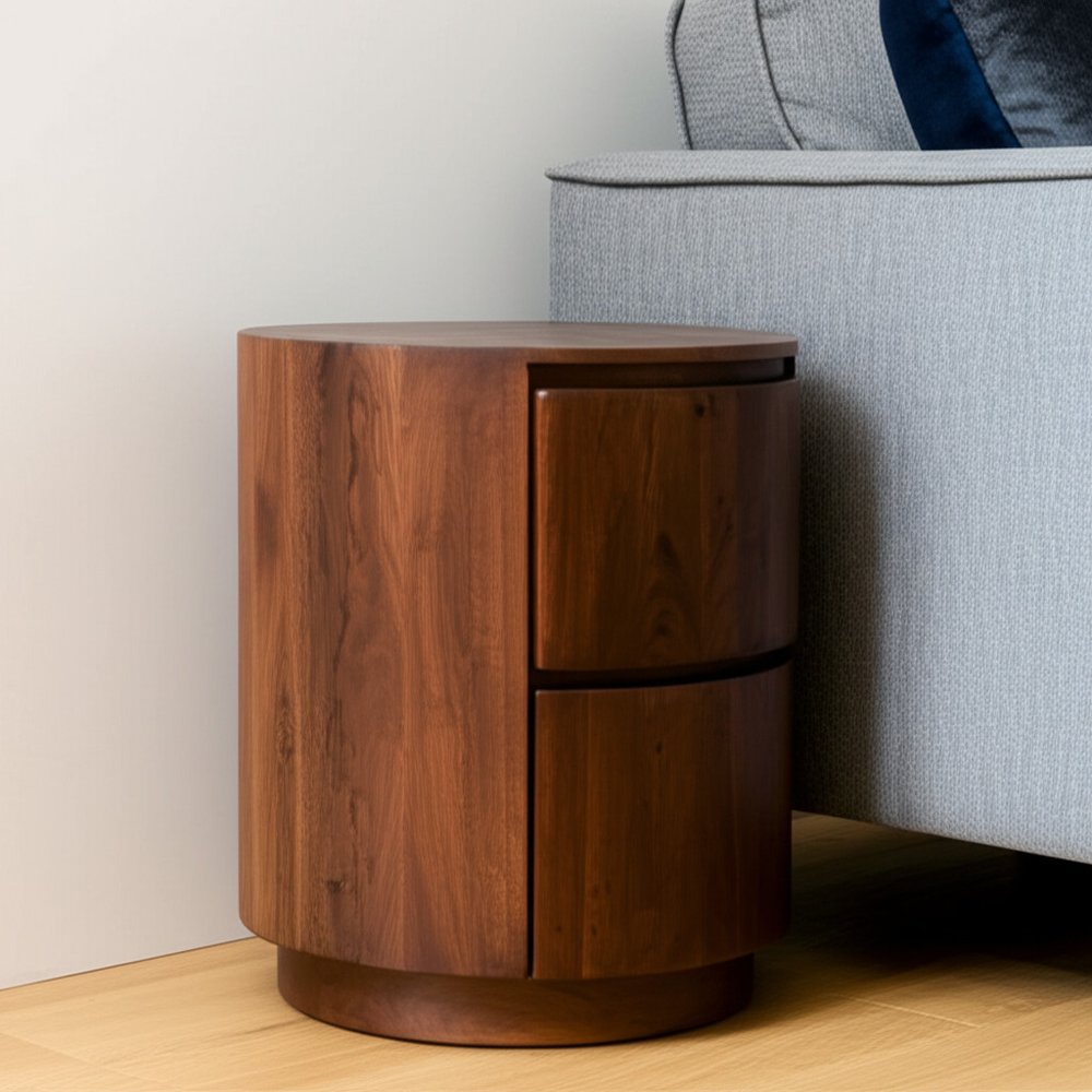 Chestnut Solid Wood Round Drum End Table with Two Drawers - 24-inch