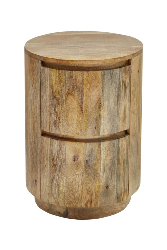 Natural Solid Wood Round Drum End Table with Two Drawers - 24-inch