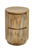 Natural Solid Wood Round Drum End Table with Two Drawers - 24-inch