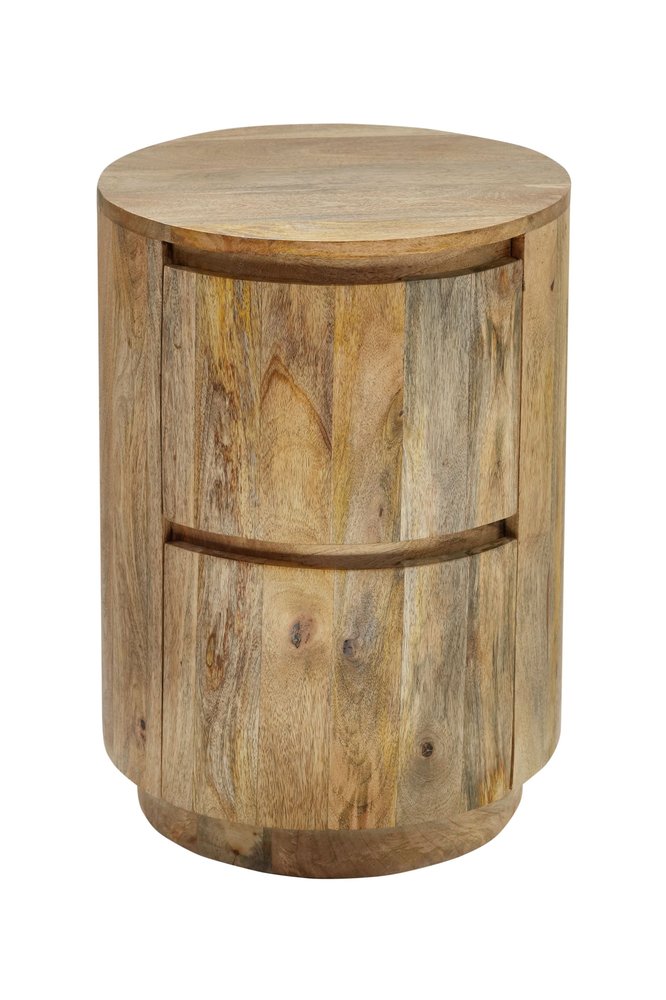 Natural Solid Wood Round Drum End Table with Two Drawers - 24-inch