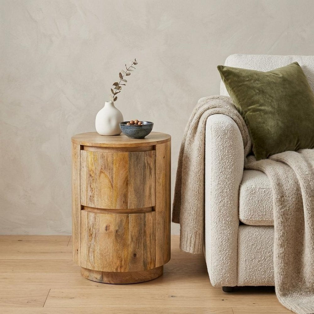 Natural Solid Wood Round Drum End Table with Two Drawers - 24-inch