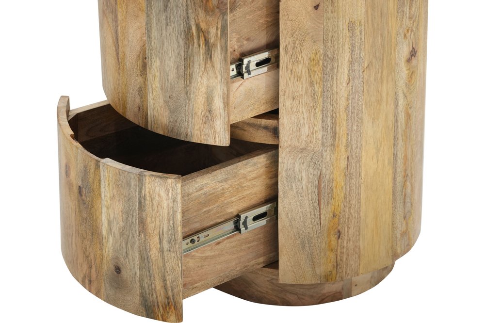 Natural Solid Wood Round Drum End Table with Two Drawers - 24-inch
