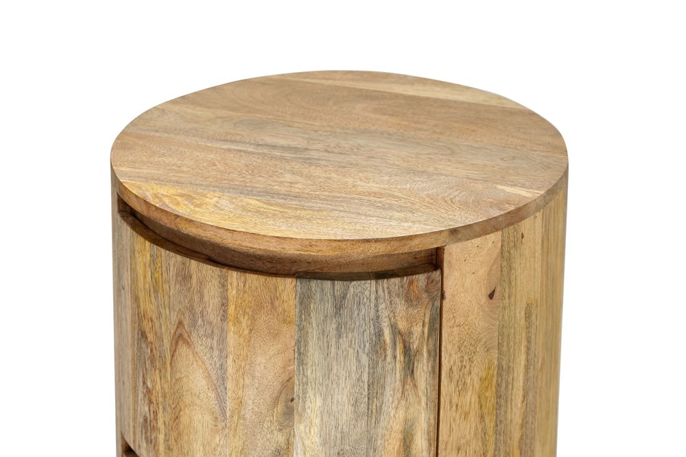 Natural Solid Wood Round Drum End Table with Two Drawers - 24-inch