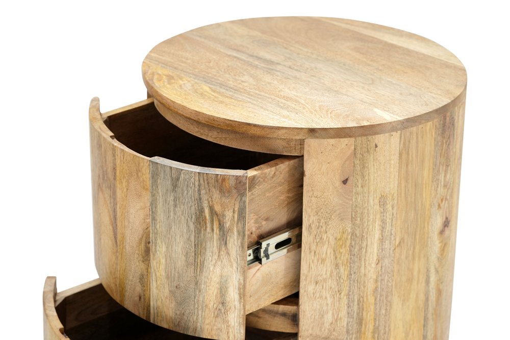 Natural Solid Wood Round Drum End Table with Two Drawers - 24-inch