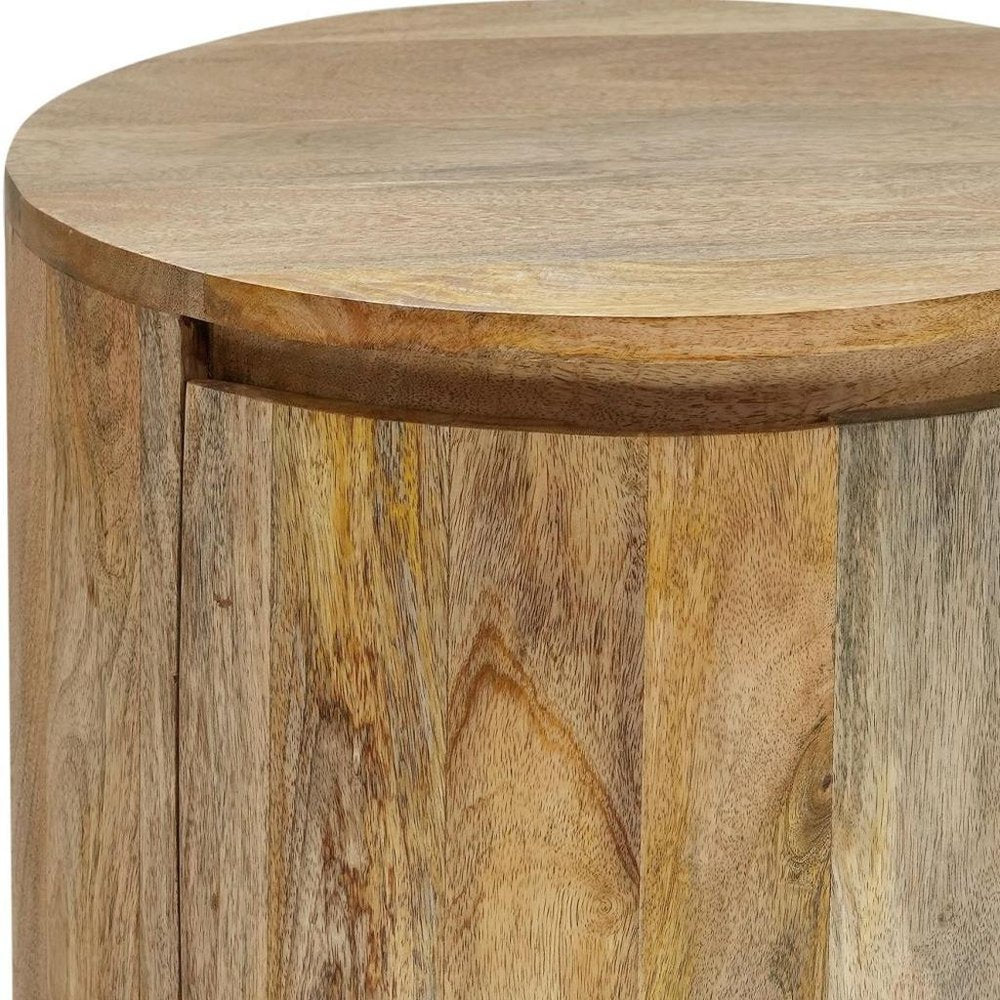 Natural Solid Wood Round Drum End Table with Two Drawers - 24-inch