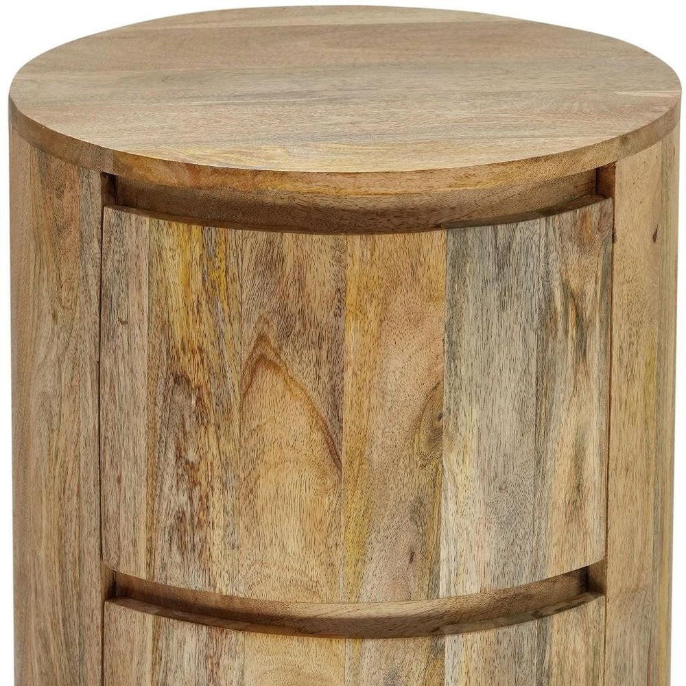 Natural Solid Wood Round Drum End Table with Two Drawers - 24-inch