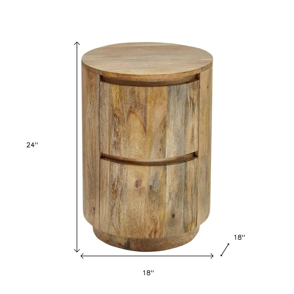 Natural Solid Wood Round Drum End Table with Two Drawers - 24-inch