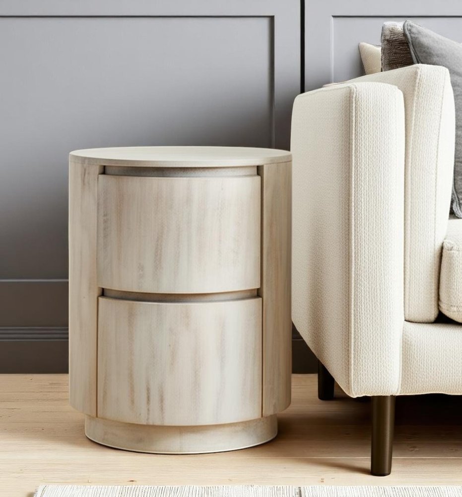 White Solid Wood Round Drum End Table with Two Drawers - 24-inch