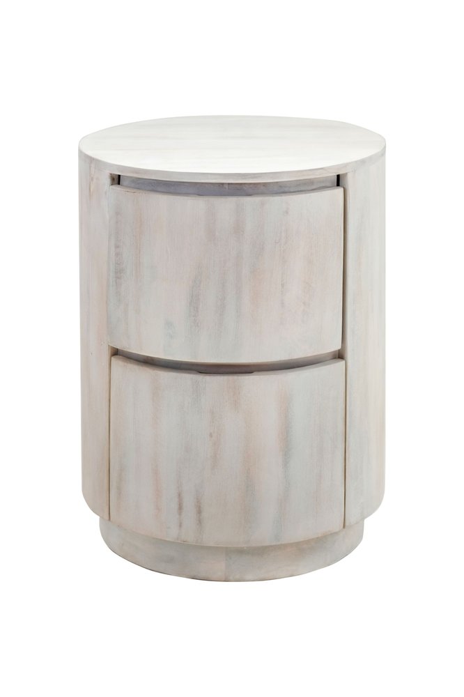 White Solid Wood Round Drum End Table with Two Drawers - 24-inch