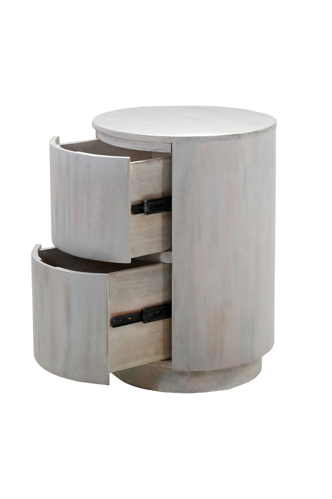White Solid Wood Round Drum End Table with Two Drawers - 24-inch