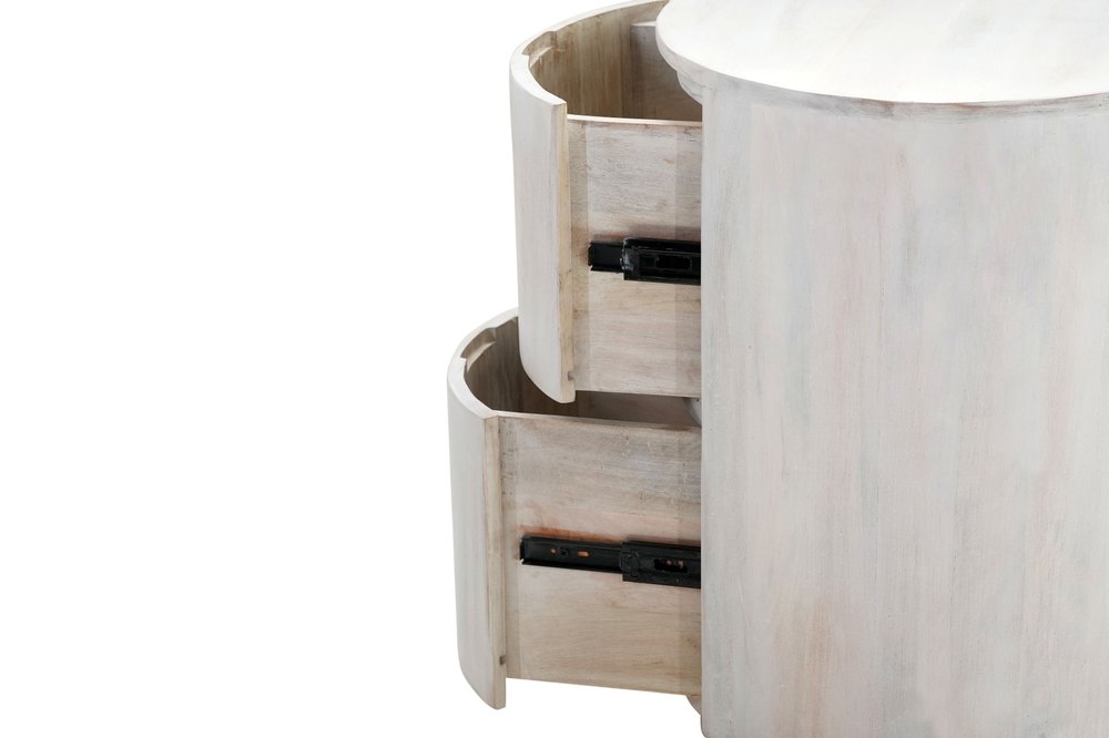 White Solid Wood Round Drum End Table with Two Drawers - 24-inch