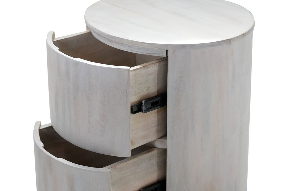 White Solid Wood Round Drum End Table with Two Drawers - 24-inch