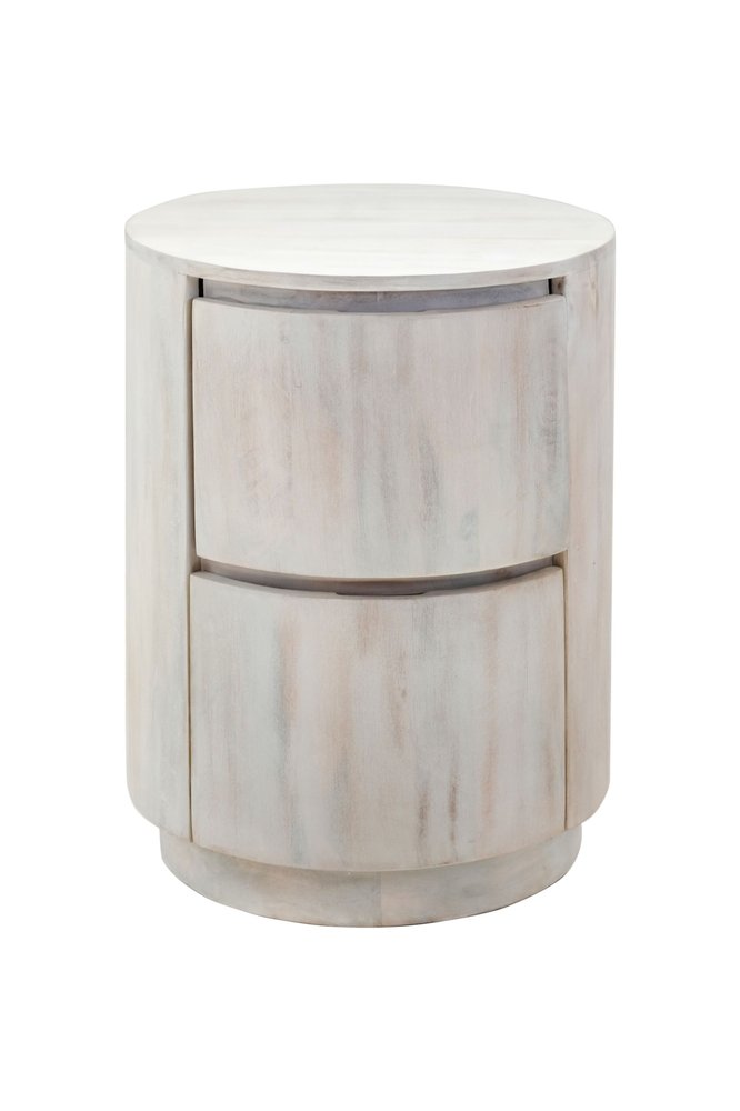 White Solid Wood Round Drum End Table with Two Drawers - 24-inch