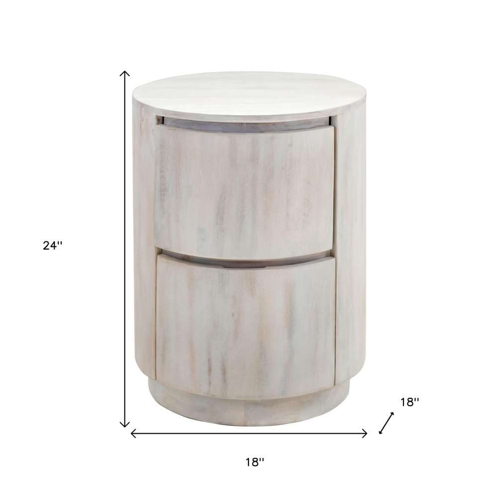 White Solid Wood Round Drum End Table with Two Drawers - 24-inch