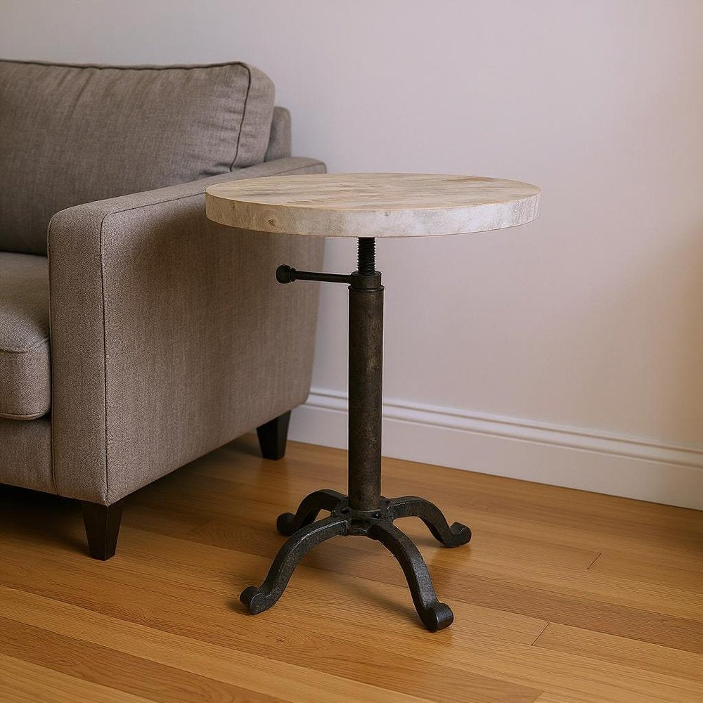 Natural and Black Solid Wood and Metal Height Adjustable Round Pedestal End Table