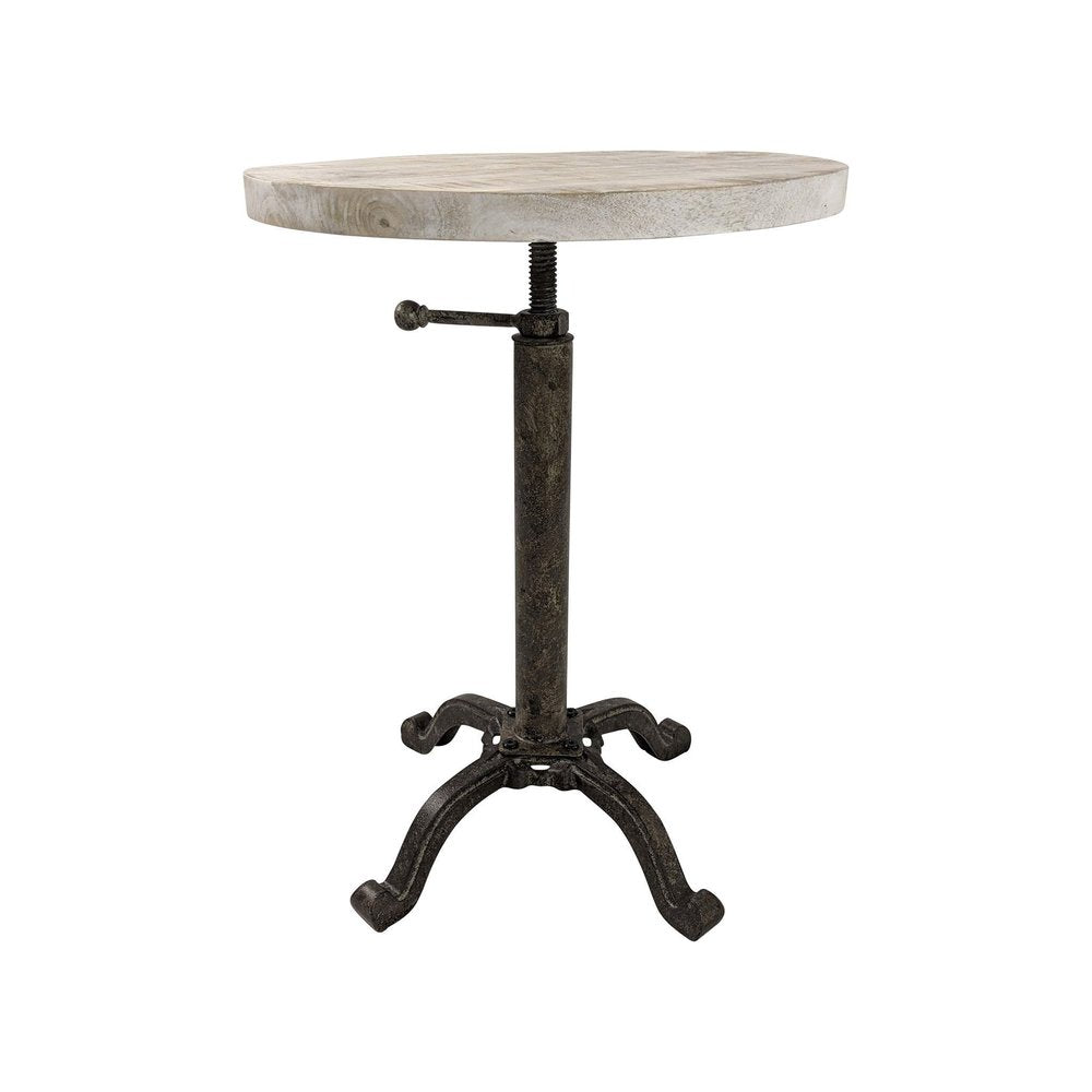 Natural and Black Solid Wood and Metal Height Adjustable Round Pedestal End Table
