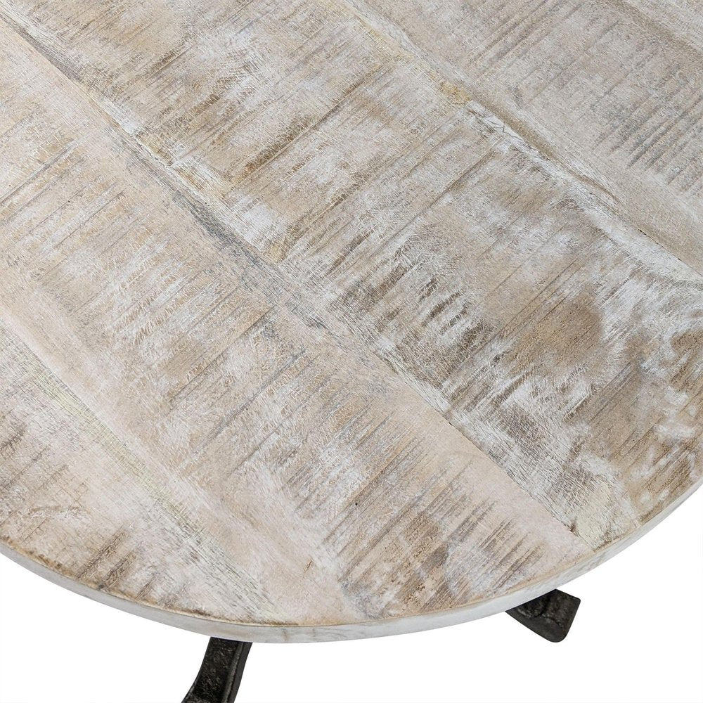 Natural and Black Solid Wood and Metal Height Adjustable Round Pedestal End Table