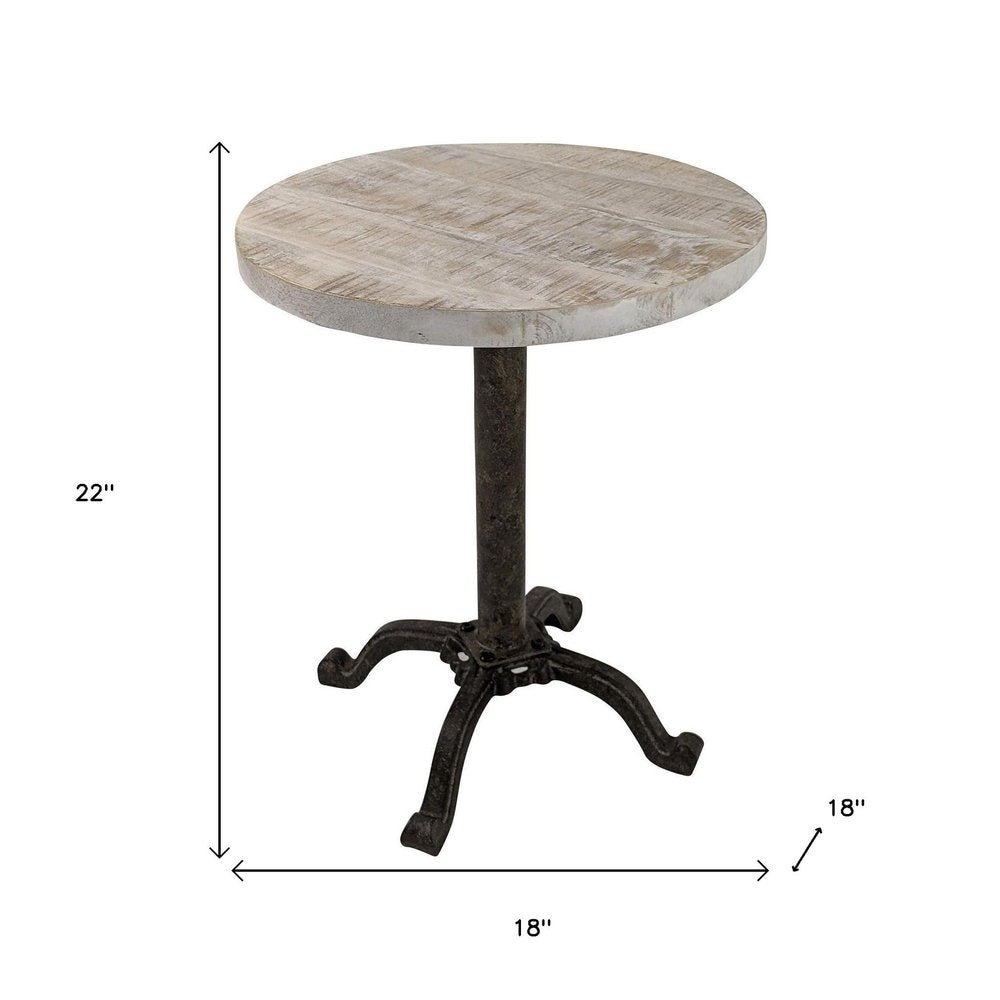 Natural and Black Solid Wood and Metal Height Adjustable Round Pedestal End Table