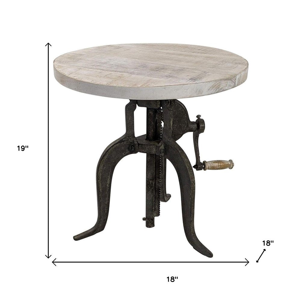 Natural and Gunmetal Solid Wood and Iron Height Adjustable Round End Table
