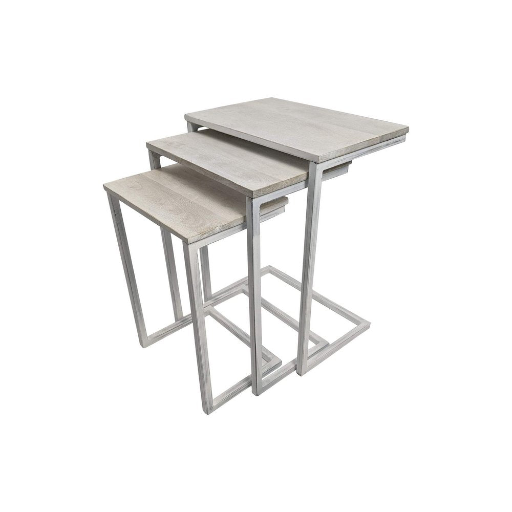 Set of Three Antiqued White Solid Wood and Steel Frame Nested Tables