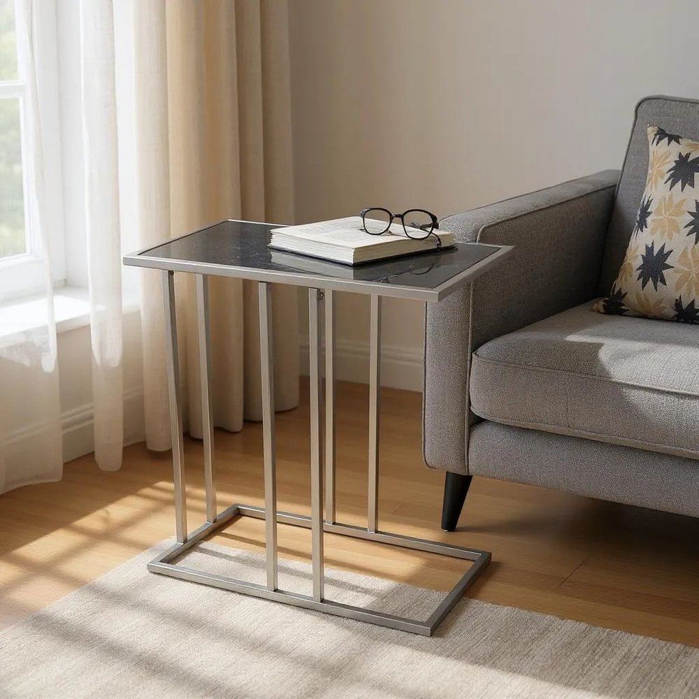Black and Gunmetal Marble and Iron Frame End Table - 26-inch