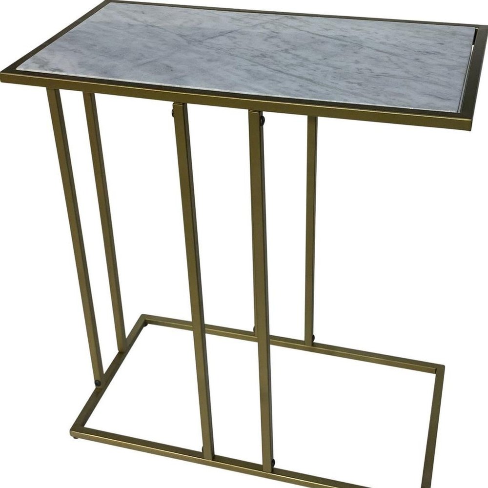 White and Antiqued Gold Marble and Iron Frame End Table - 26-inch