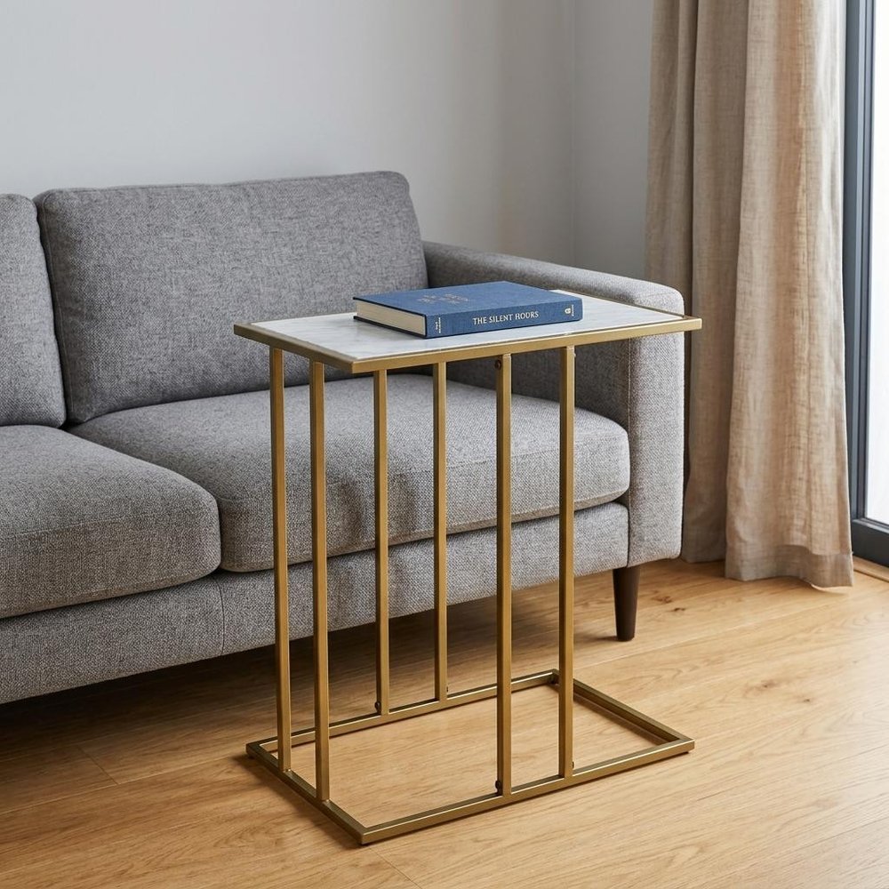 White and Antiqued Gold Marble and Iron Frame End Table - 26-inch
