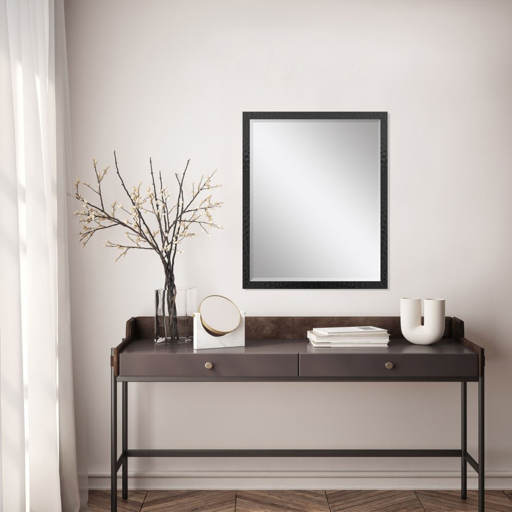 Black Hammered Geometric Finish Framed Accent Mirror - 30-inch