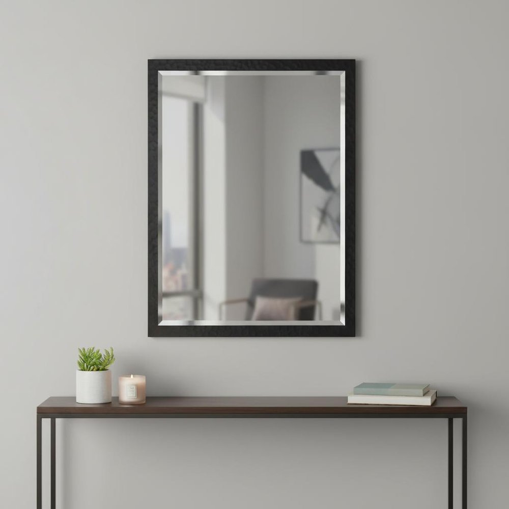 Black Hammered Geometric Finish Framed Accent Mirror - 30-inch