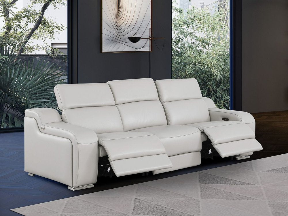 Light Gray Italian Leather Reclining USB Sofa - 103-inch