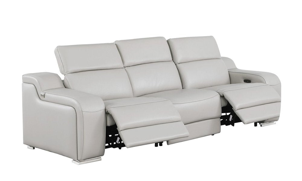 Light Gray Italian Leather Reclining USB Sofa - 103-inch