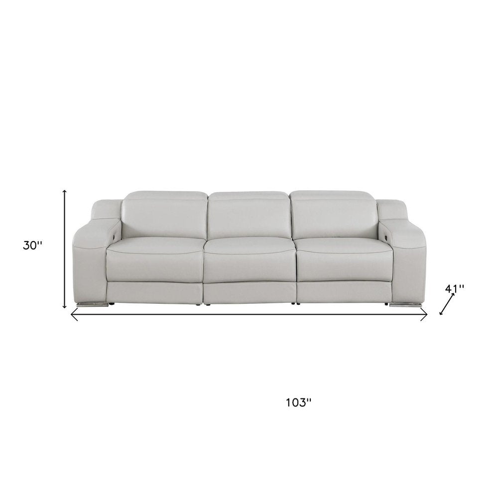 Light Gray Italian Leather Reclining USB Sofa - 103-inch