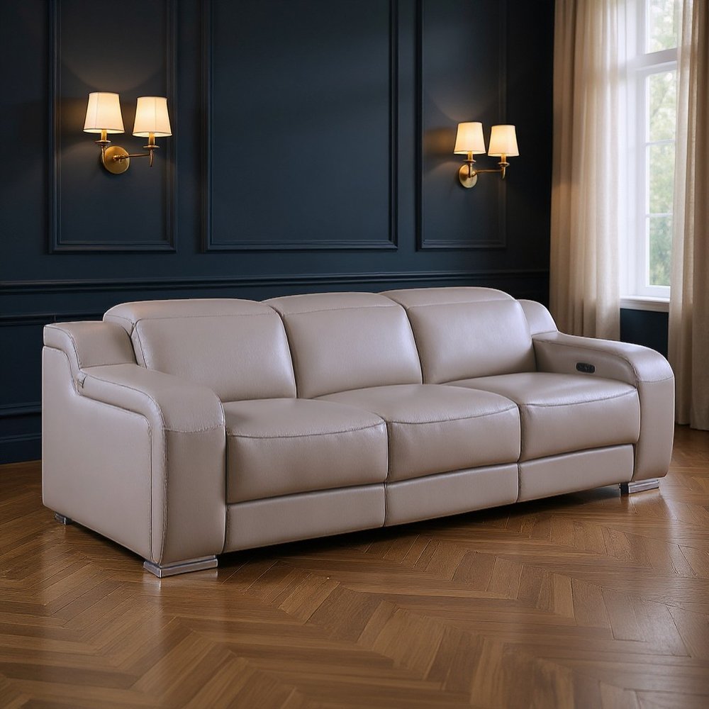 Light Gray Italian Leather Reclining USB Sofa - 103-inch