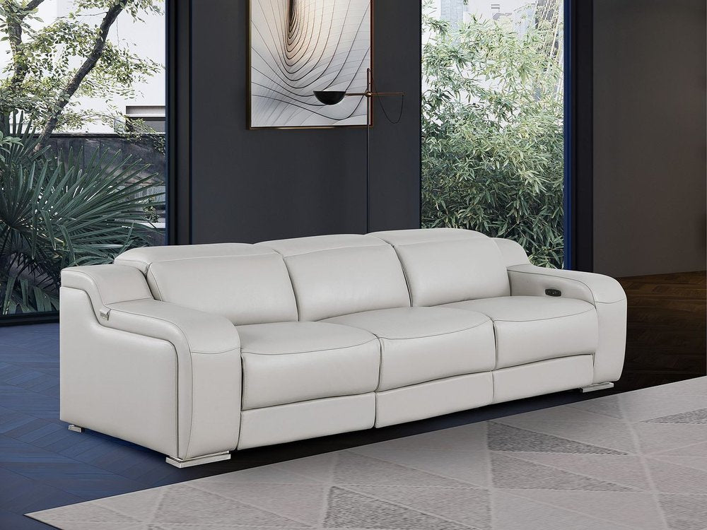 Light Gray Italian Leather Reclining USB Sofa - 103-inch