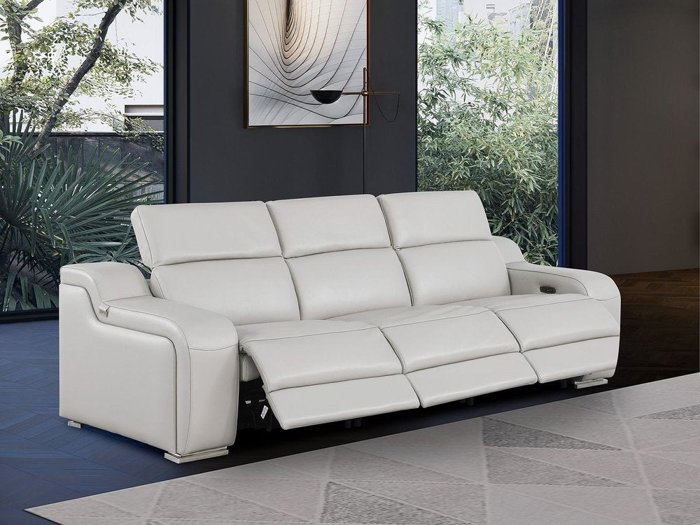 Light Gray Italian Leather Reclining USB Sofa - 103-inch