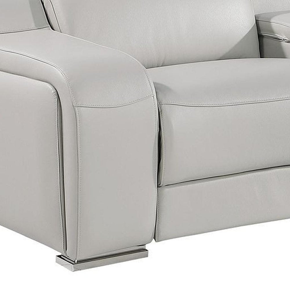 Light Gray Italian Leather Reclining USB Sofa - 129-inch