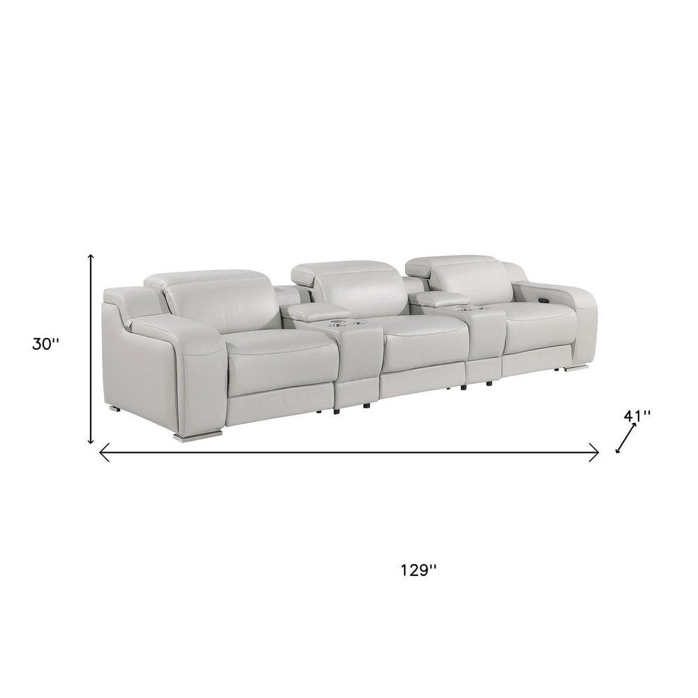 Light Gray Italian Leather Reclining USB Sofa - 129-inch