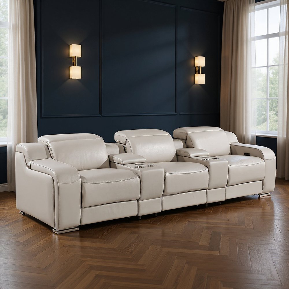 Light Gray Italian Leather Reclining USB Sofa - 129-inch