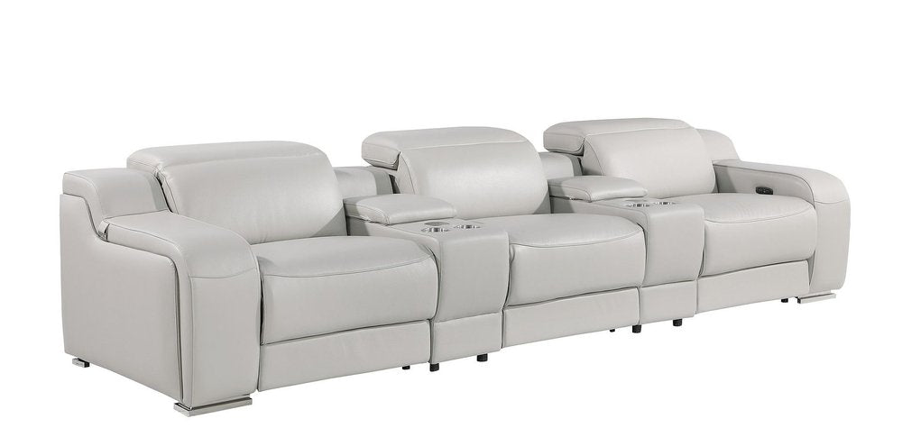 Light Gray Italian Leather Reclining USB Sofa - 129-inch