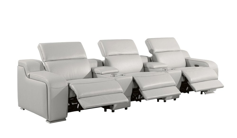Light Gray Italian Leather Reclining USB Sofa - 129-inch