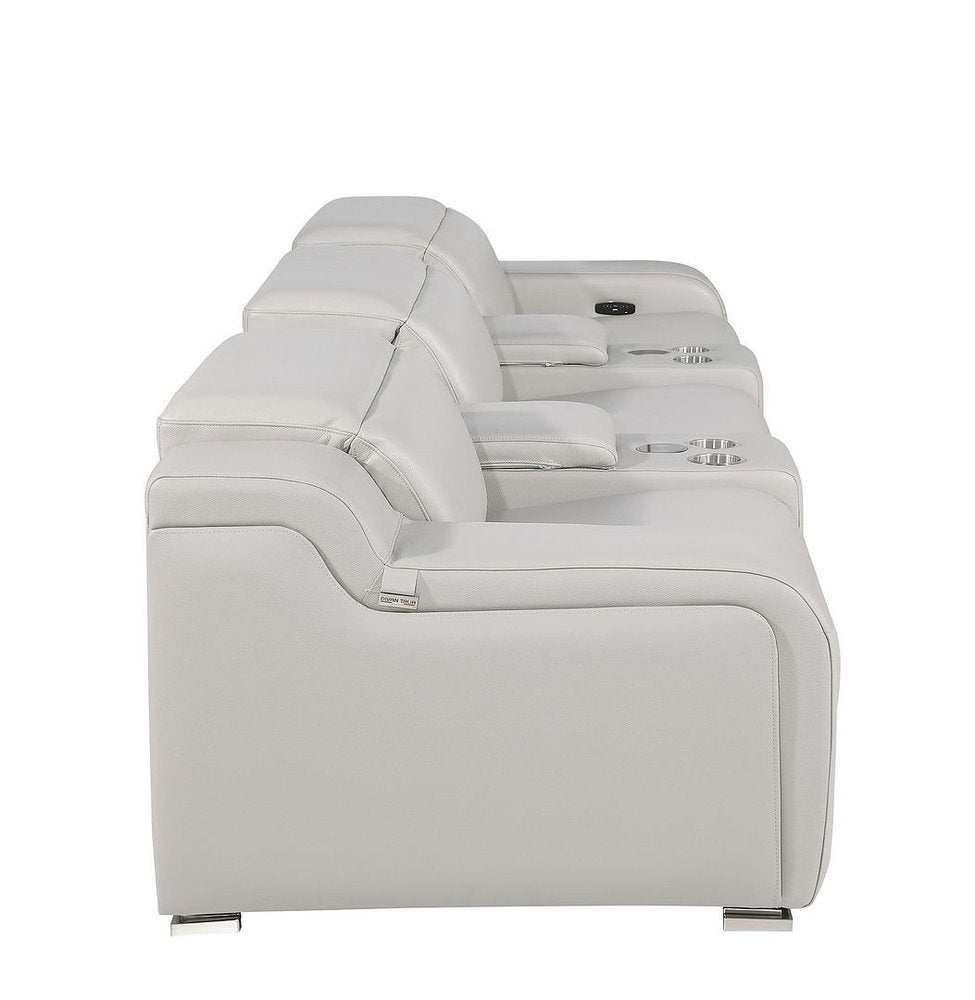 Light Gray Italian Leather Reclining USB Sofa - 129-inch