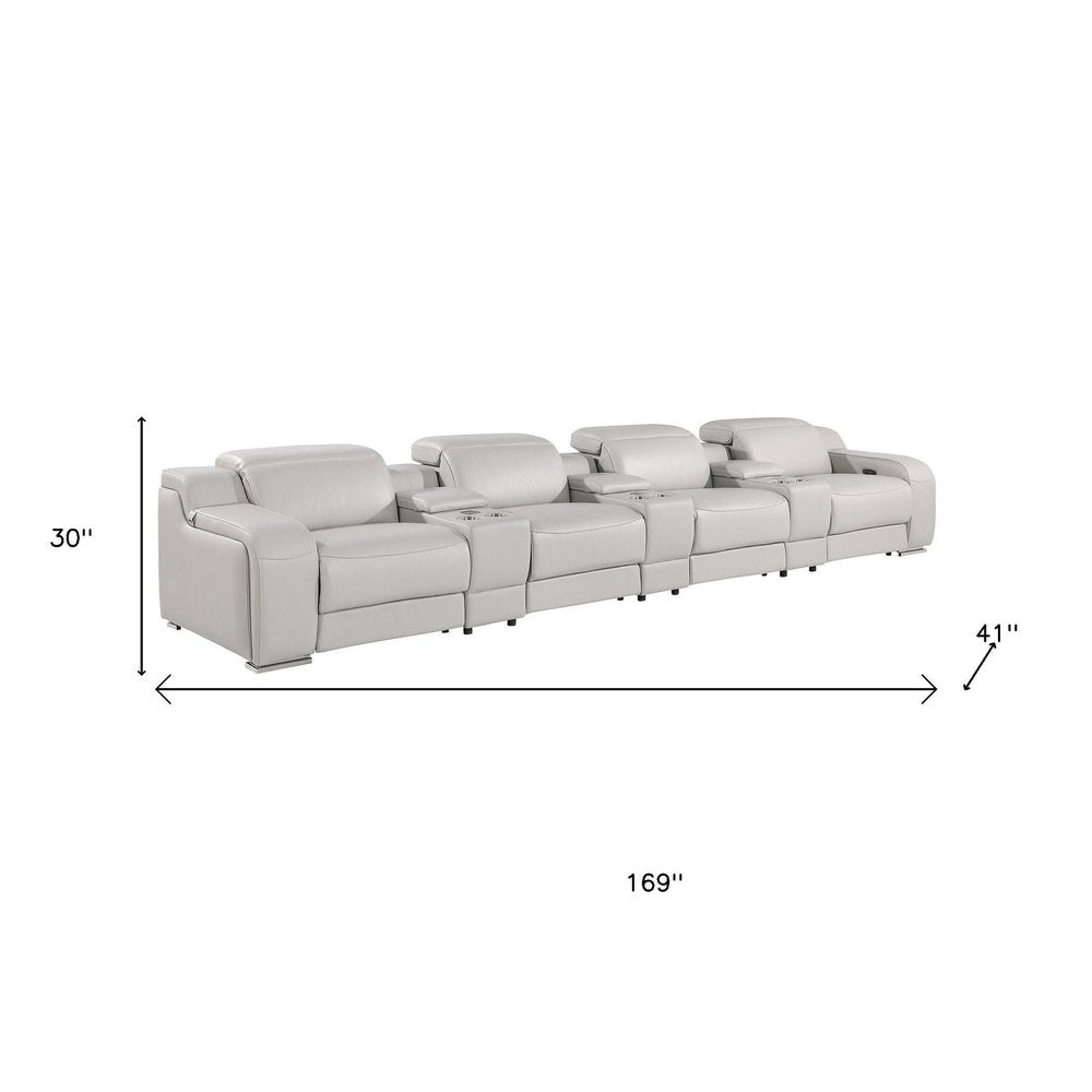 Light Gray Italian Leather Reclining USB Sofa - 169-inch