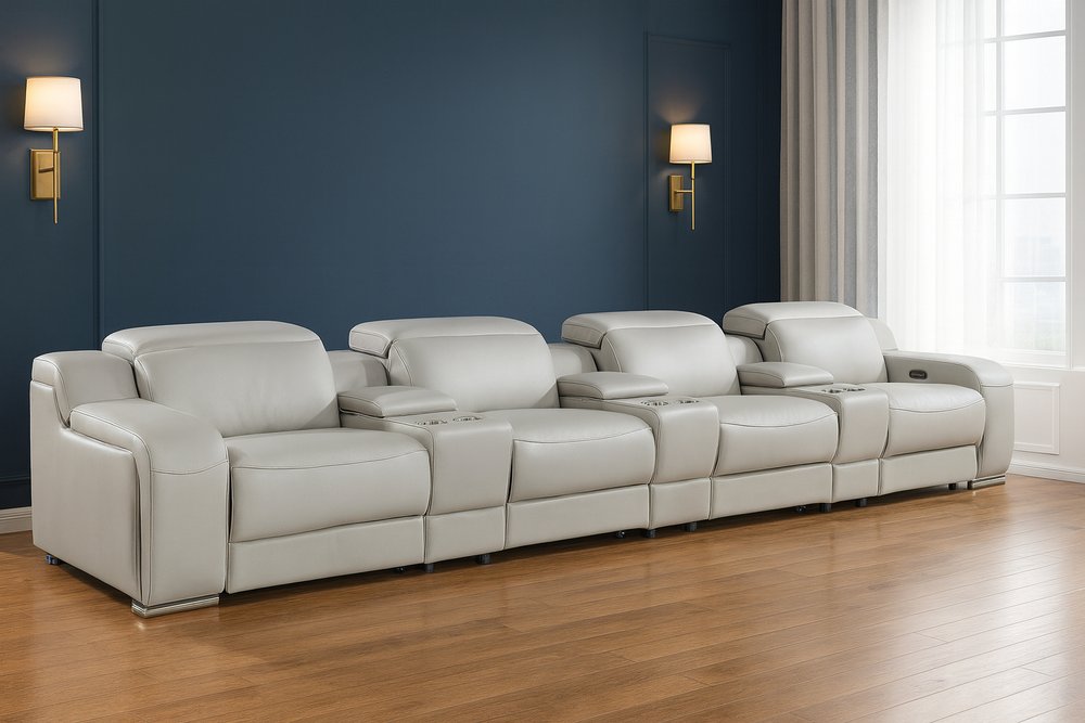 Light Gray Italian Leather Reclining USB Sofa - 169-inch